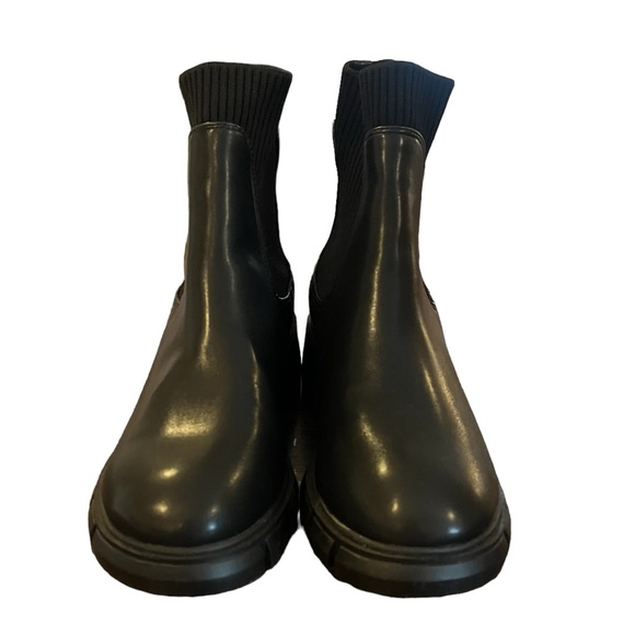 New lug sole block heel Chelsea combat boots black faux leather rubber elastic - Picture 3 of 11